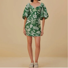 Farm Rio Women Mini Dress Forest Soul Green Sz XL Floral Voluminous Sleeve Linen