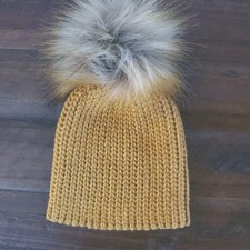 Adorable Handmade Baby Beanie Crochet Knit Removable Fur Pom Pom Color: Mustard