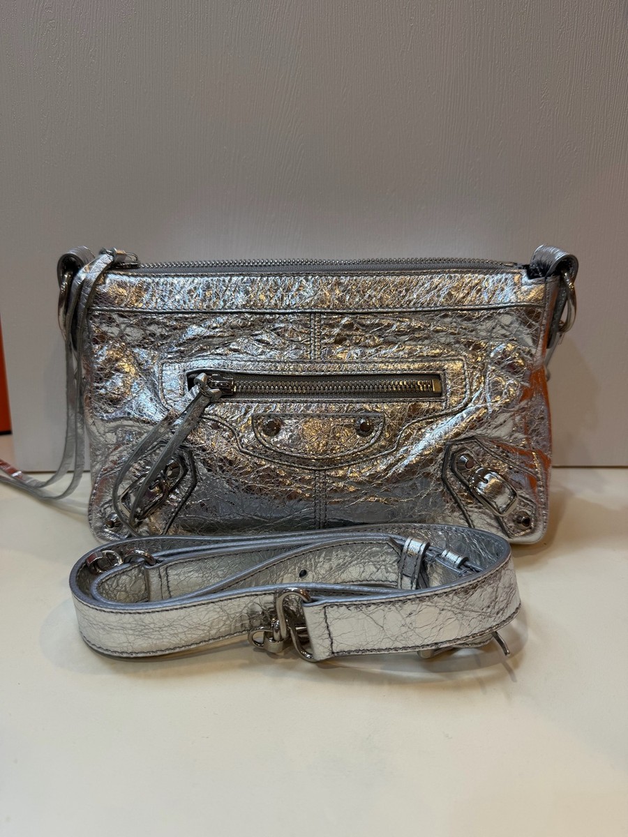 Balenciaga Le City Moto Medium Silver Crinkled Crossbody Bag