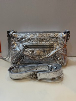 Balenciaga Le City Moto Medium Silver Crinkled Crossbody Bag