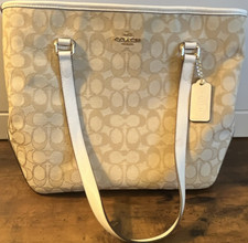 Coach Signature Logo Tote Shoulder Bag Beige/Chalk Zip Pockets Gold HW