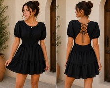 NWT Wild Fable Black Smocked Waist Puff Sleeve Backless Mini Dress Size L