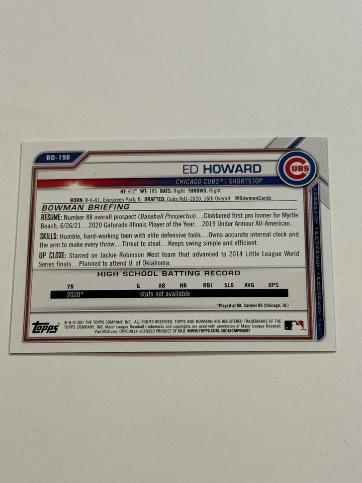 2021 Bowman Draft 1st Edition - Ed Howard #BD-198 Blue Foil /150 (RC) - Image 2 of 4