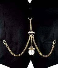 Gold Plated Strong Pocket Watch ALBERT Double Chain With Ornate Fob.
