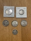 4 Walking Liberty Half Dollars And  One Standing Liberty And One Barber Quarter