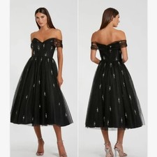 Mac Duggal Black Off The Shoulder Embellished Tulle Cocktail Dress Size 2 $398