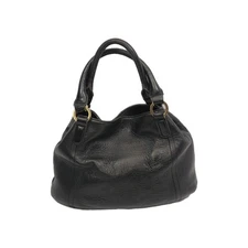 Women’s Black Leather Hobo Bag Soft Pebbled Shoulder Purse Gold Ring Handles Lar