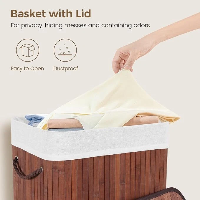 Folding Laundry Hamper with Lid Dirty Clothes Basket w/Removable Liner 72L Brown - Image 4 of 4