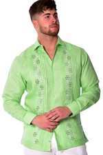Bohio Mens 100 Linen Fancy Guayabera Style Shirt- Green Embroidered - MLFG2033