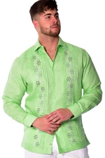 Bohio Mens 100% Linen Fancy Guayabera Style Shirt- Green Embroidered - MLFG2033