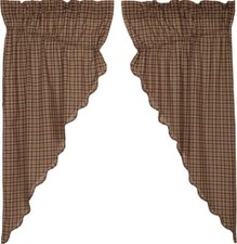 Country Drawstring Prairie Curtain Set Brown Cotton Plaid 63" L x 72" W Prescott
