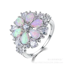 Wedding Flower Shaped Fire Opal White Topaz Gems Silver Woman Ring US Size 6-10