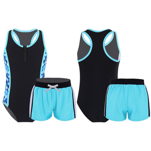 Kids Girls Swimsuit Sleeveless Floral Print Leotard with Shorts Bathing Suit - Picture 42 of 90
