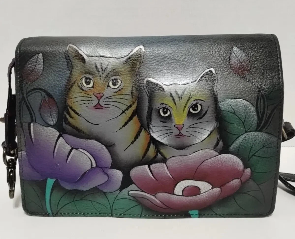 Anuschka Pebbled Leather Hand Painted Crossbody Clutch Bag Black Cats  Floral Art | eBay