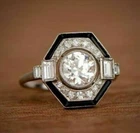 Vintage Onyx & Lab-Created Diamond Art Deco Hexagonal Style 925 Silver Gift Ring