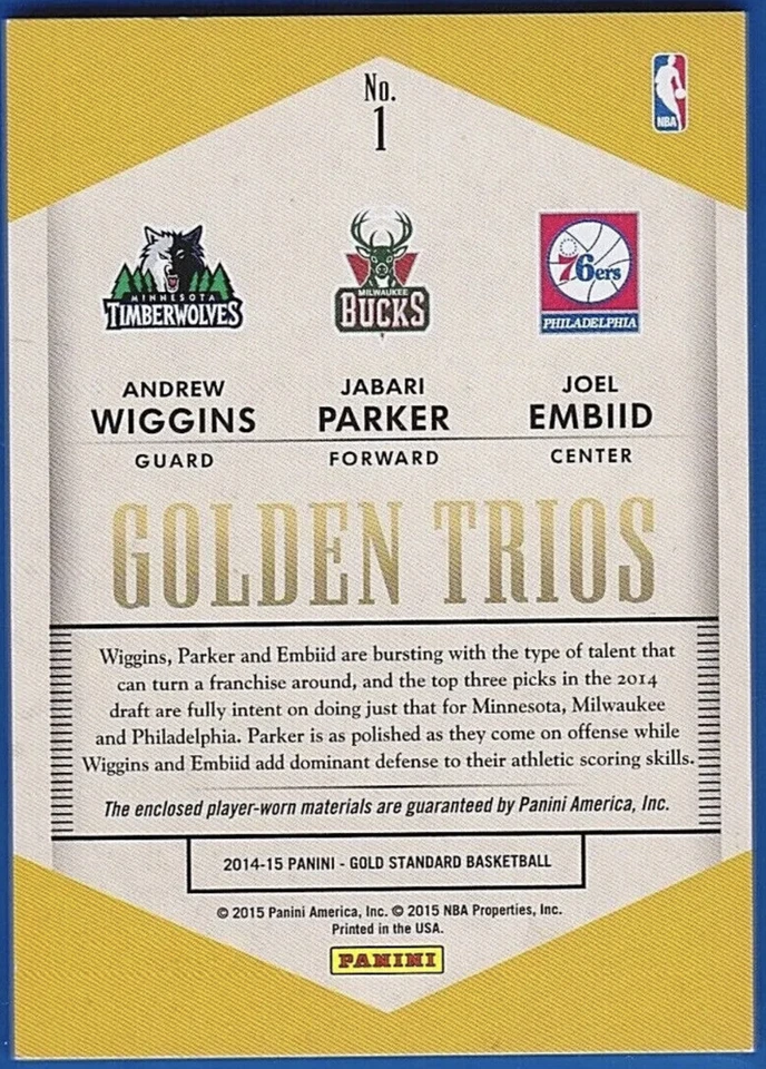Parche de novato Panini Gold Standard Joel Embiid 2014-15 - Andrew Wiggins #/25 RC Foto 2 de 2