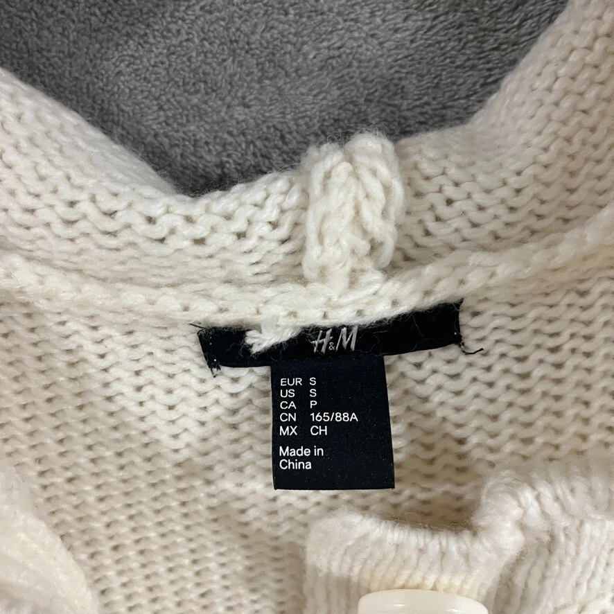 Cárdigan H&M Marfil Con Capucha Tejido con Cable Botón Cordón Piel Pompón Coqueta Talla S Foto 4 de 4