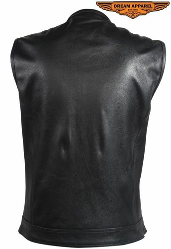 Men's Motorcycle Leather Vest Collarless Hidden Snaps with Red Lining & Pockets - Picture 5 of 7