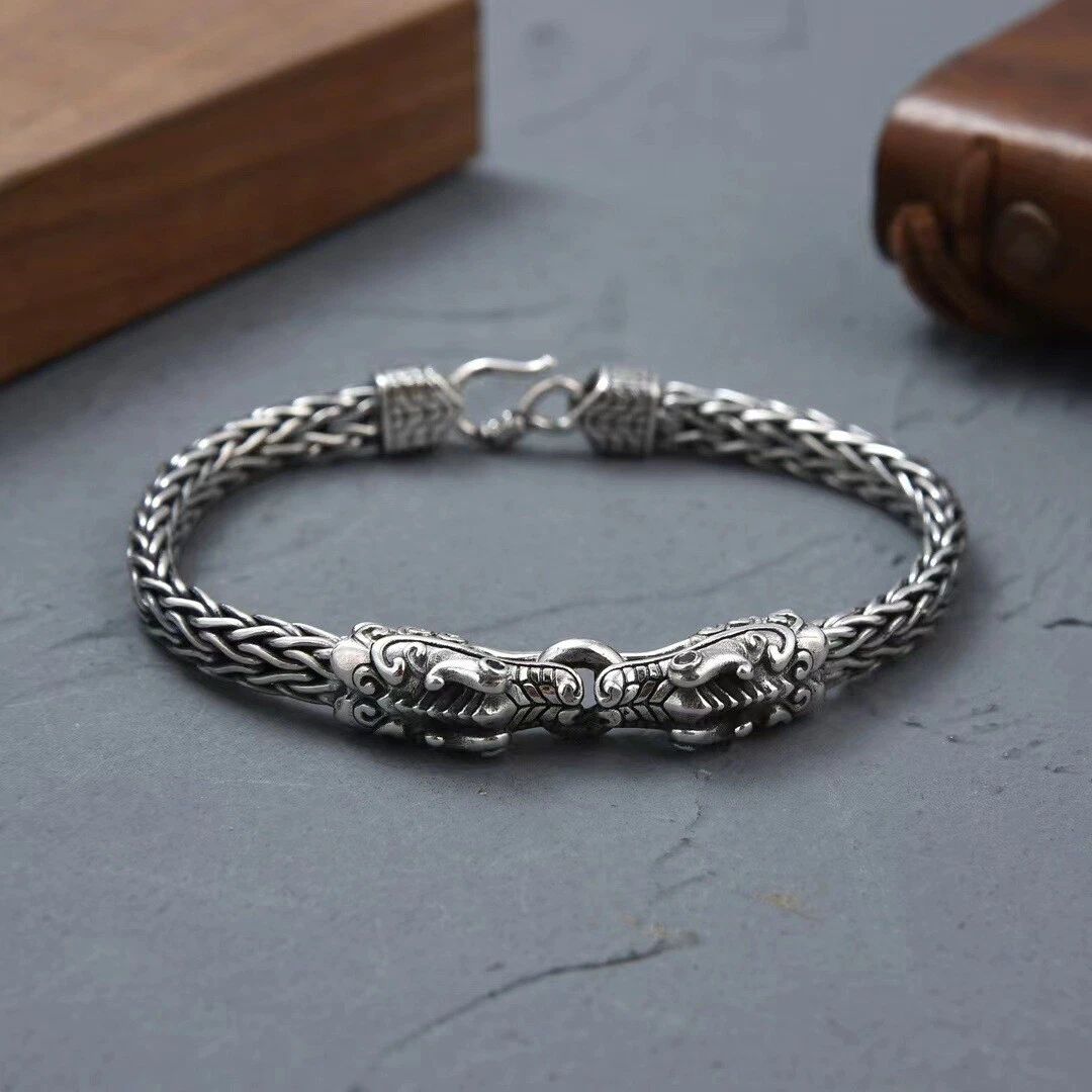 Real 925 Sterling Silver Bracelet Double Dragon Head Thai Silver Men s Bracelet