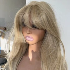 Blonde Human Hair Wig With Bangs Straight Highlight Blonde Wigs Lace Front Wigs