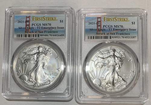 2021 S  Silver Eagle Type 1 and 2 Set FS Struck At San Fran PCGS 70 Bridge Label