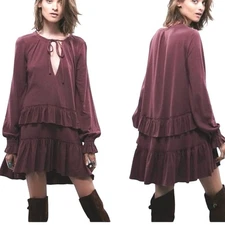 Free People Beach Midsummer Night Long Sleeve Ruffle Mini Dress Size XS