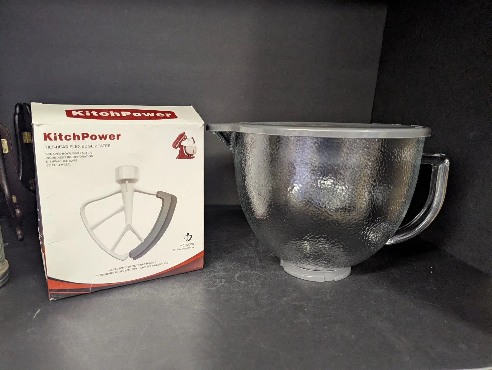 Hammered Glass Mixing Bowl for KitchenAid 4.5 and 5 Quart Tilt, Lid, Paddle