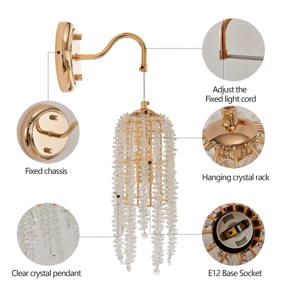 Moderno paquete de 2 lámparas LED de cristal para aplique de pared de interior dorado para accesorios de dormitorio Foto 4 de 4