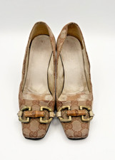 Gucci Canvas Monogram Square Toe Heels w/ Bamboo Horse Bit Accent Sz EU 36C 6