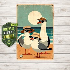 Whimsical Seagulls Beach Scene Metal Sign Coastal Home Wall Decor