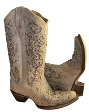 CORRAL Women's Glitter Inlay and Crystals White Boots (A3322) Sz 9M EUC