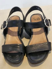 Sofft Vaya Black Leather Wedge Sandals with Buckle Strap SZ: 9M