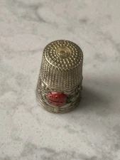 Antique Thimble Ornate Nickel-plated Brass W/ Red Ladybug & Star Of David