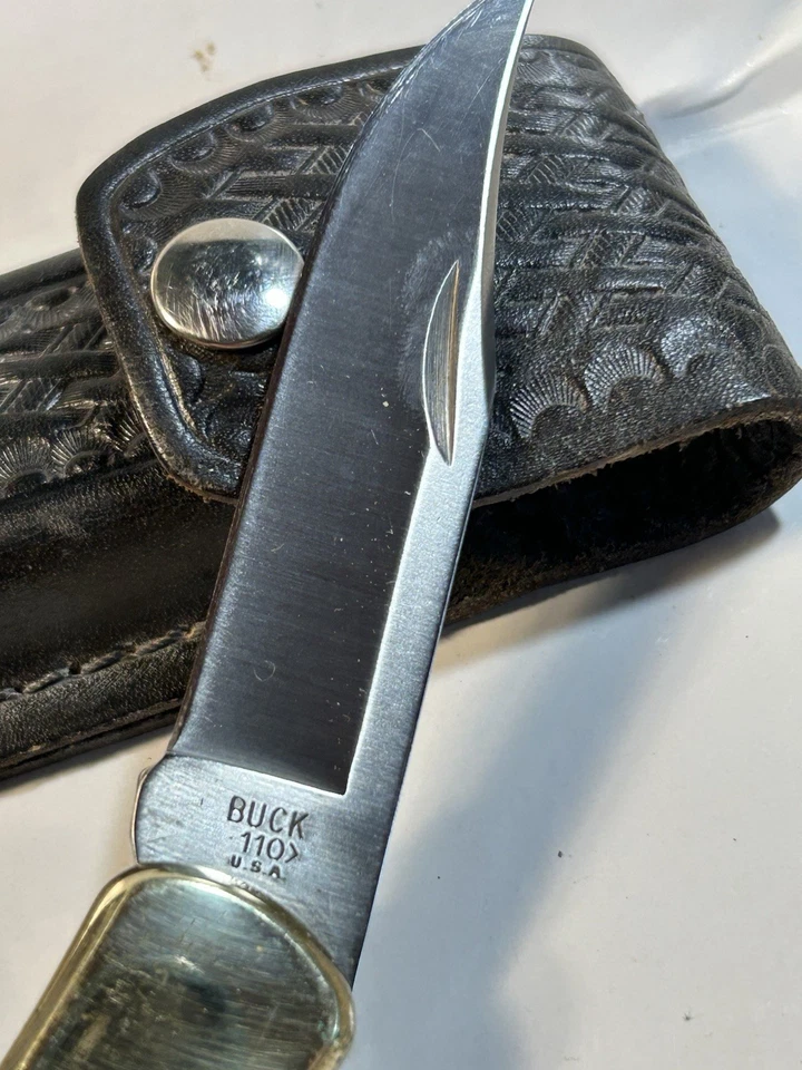 Buck 110 USA EBONY Hunting Folding Pocket KNIFE Lockback W/Leather Sheath - Image 2 of 4