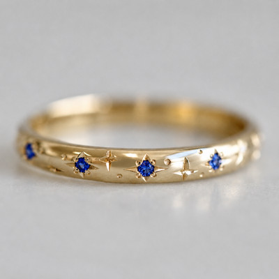 Blue sapphire gemstone Celestial Ring band 18k solid gold handmade jewelry gift