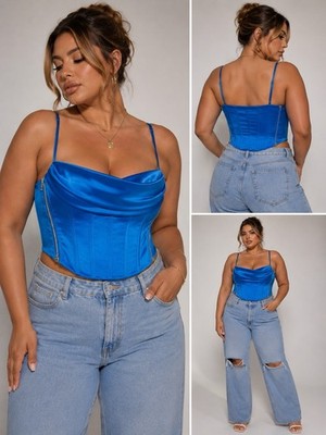 MESHKI Blue Satin Like Corset Crop Top XL Off Shoulder Cowl Neck Party Clubwear