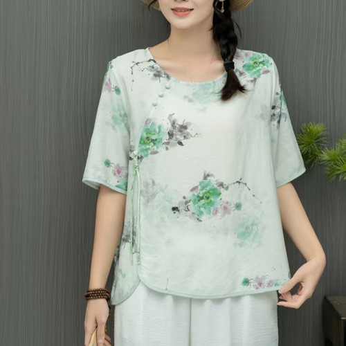 Womens Retro floral Printed Cotton Linen Tops Shirt Round Neck Short Sleeves New - Picture 3 of 44