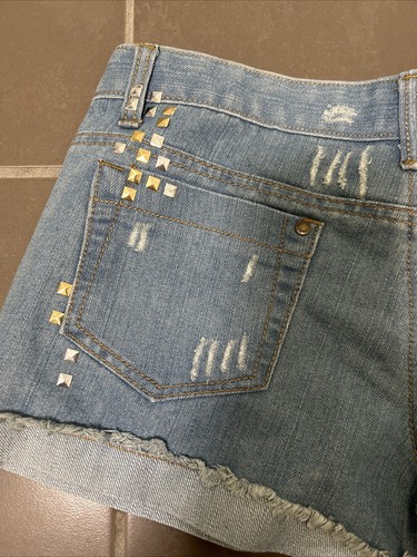VALLEYGIRL Denim Short Shorts Size 10 Micro Distressed Studs Frayed Cuffed VGC - Picture 6 of 7