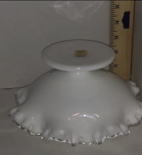 Fenton Milk Glass Candy Dish Silver Crest Ruffled Edge Pedestal Compote - Picture 13 of 24