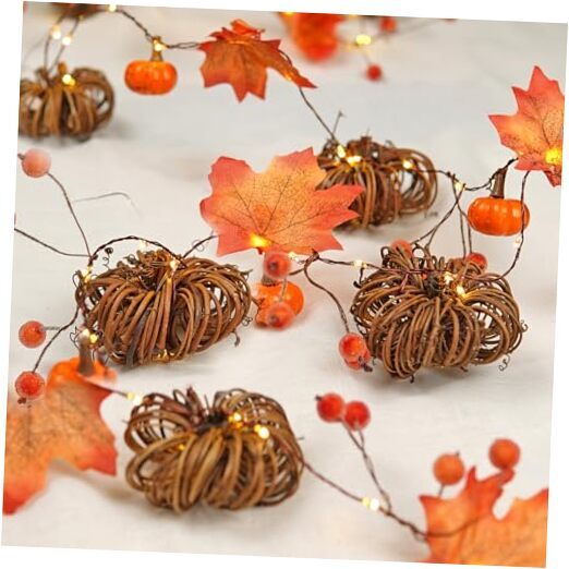 Thanksgiving Table Decor Rattan Pumpkin Berry Maple Leaves Orange Pumpkin