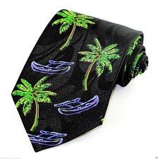 Tropical Outrigger Canoe Men's Necktie Boat Hawaiin Palm Tree Black Neck Tie 