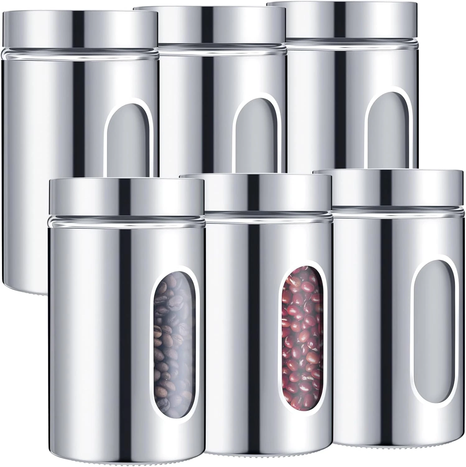 Airtight 6 Pack Kitchen Canisters Set with Window Glass for Coffee, Sugar, Tea
