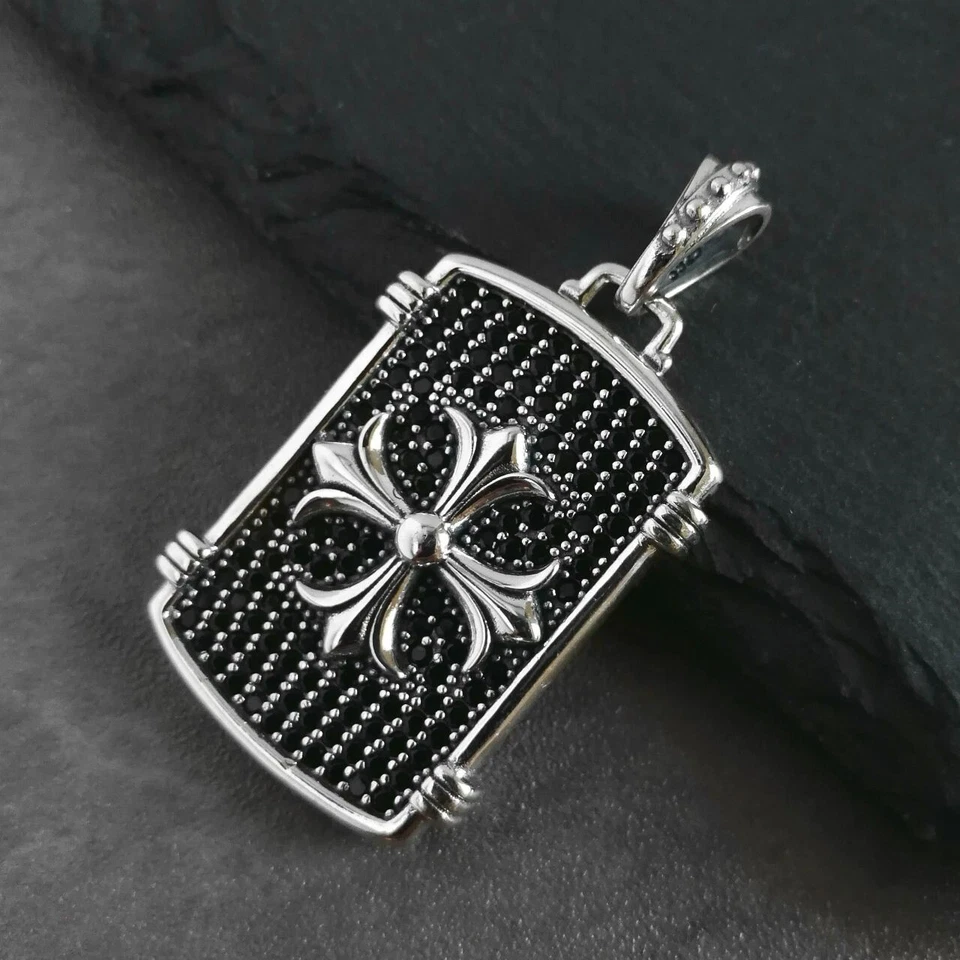 Pingente de prata esterlina 925 preto CZ pavê ornamentado cruz etiqueta cachorro clássico exclusivo - Imagem 4 de 4