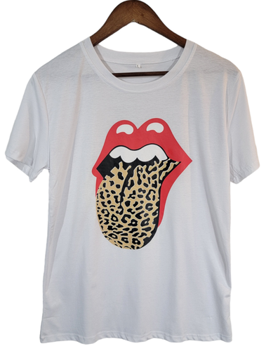 Rolling Stones inspiriertes Leopardenmuster Zunge Mund T-Shirt Größe Large