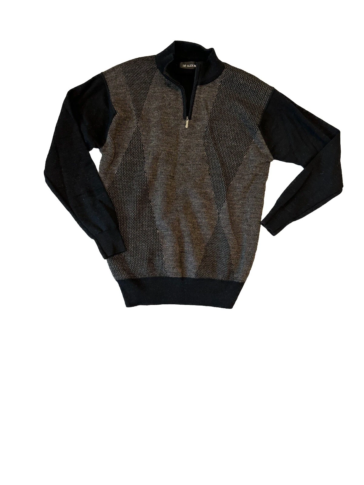 Alex Man Men's 100% Wool Sweater Gray Black Pullover 1/4 Zip Size Small