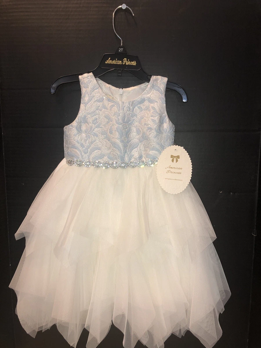 American Princess Blue Jacquard Dress Tulle Embellishment Flower Girl 2T New