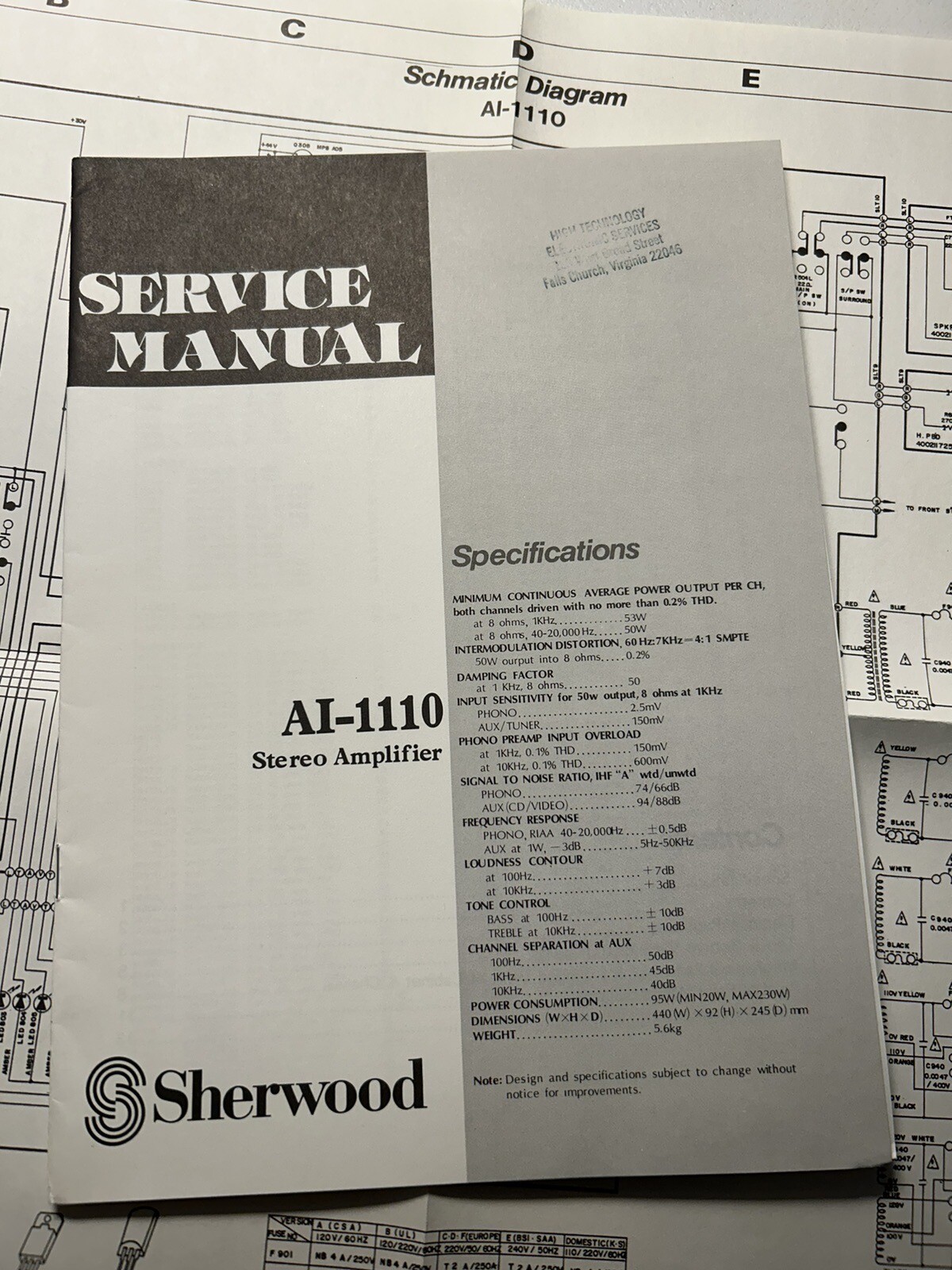 Sherwood AI-1110 Stereo Amplifier Amp Service Manual Original Genuine Schematic