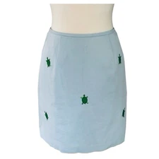 CJ LAING Blue Cotton Skirt Sz 6 Turtle Embroidered Lined Zip A-Line