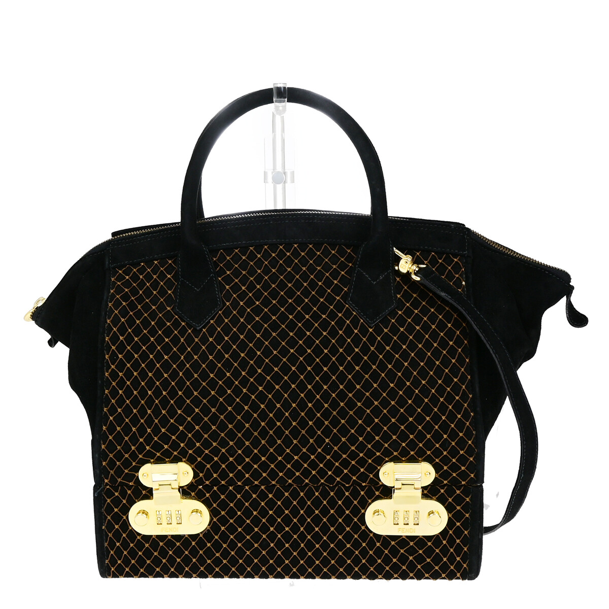 FENDI Logo 2Way Vanity Shoulder Hand Bag Suede Leather Black GHW 