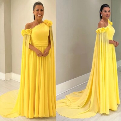 Yellow Chiffon Mother Of the Bride Dresses One Shoulder 3D Flowers